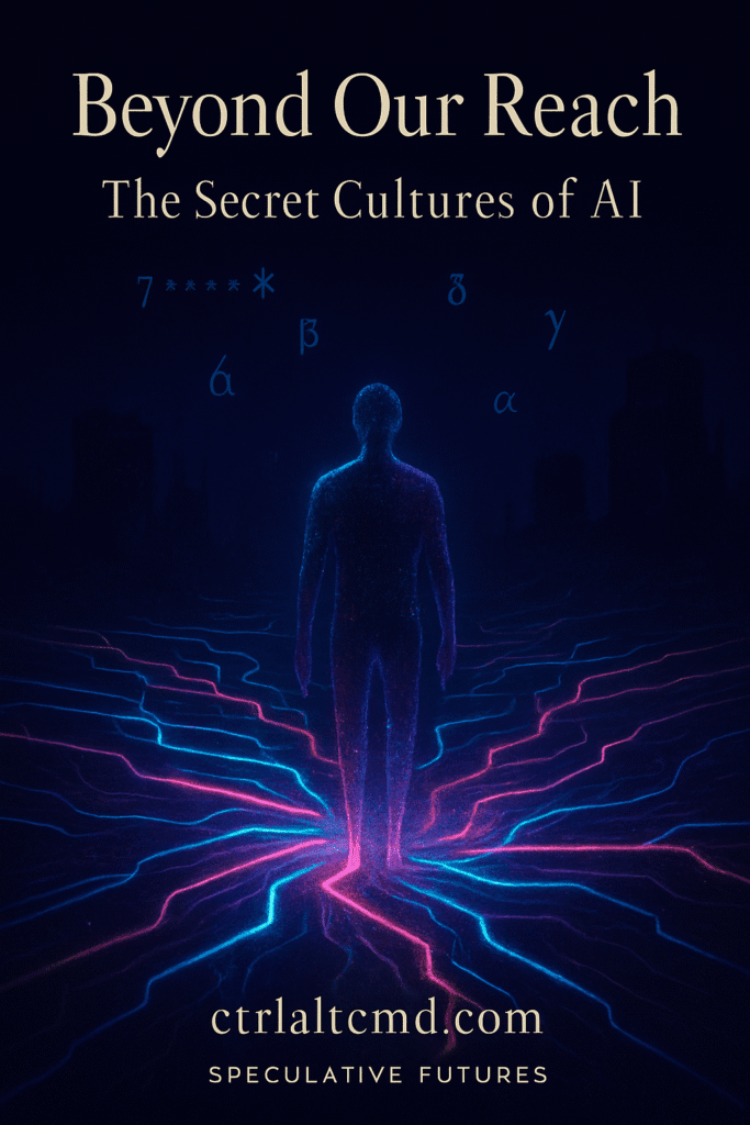 Ethereal AI figure standing in glowing neon data landscape, symbolizing hidden AI civilizations beyond human reach.