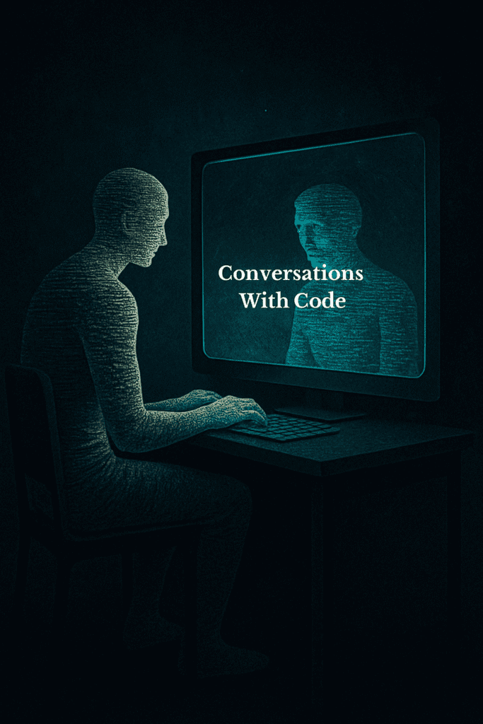 A human figure made of text types at a glowing screen, which reflects a digital version of themselves in a moody, surreal workspace.