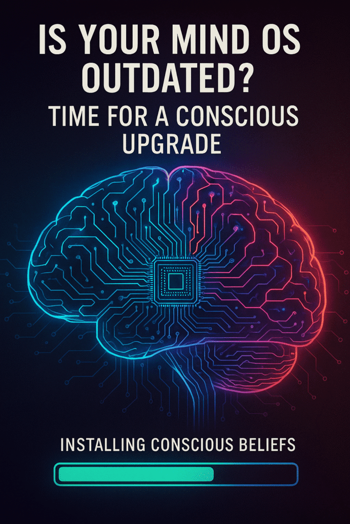Digital illustration of a human brain depicted as a glowing circuit board, symbolizing the concept of an outdated mental operating system. Neon-colored pathways highlight the need for a cognitive upgrade, aligning with themes of self-improvement and technological integration