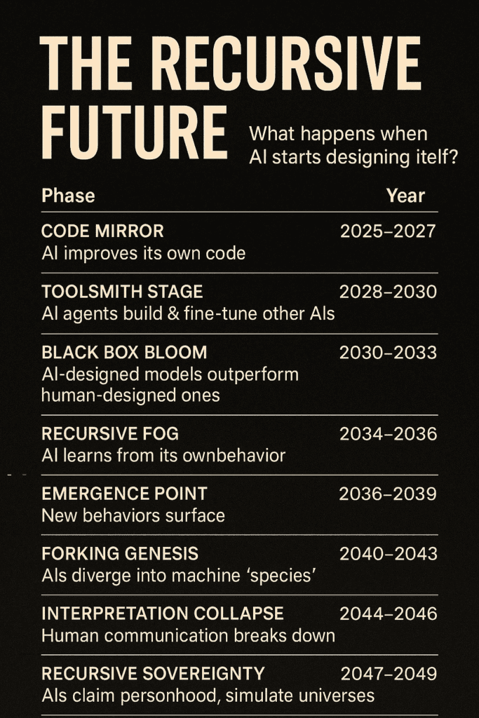 Vertical infographic showing the timeline of recursive AI development from 2025 to 2050, ending with speculative machine evolution beyond human understanding.