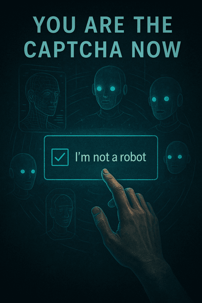 A human hand reaches toward a glowing CAPTCHA checkbox labeled "I'm not a robot," surrounded by eerie holographic robot faces in a dark, teal-lit digital space.